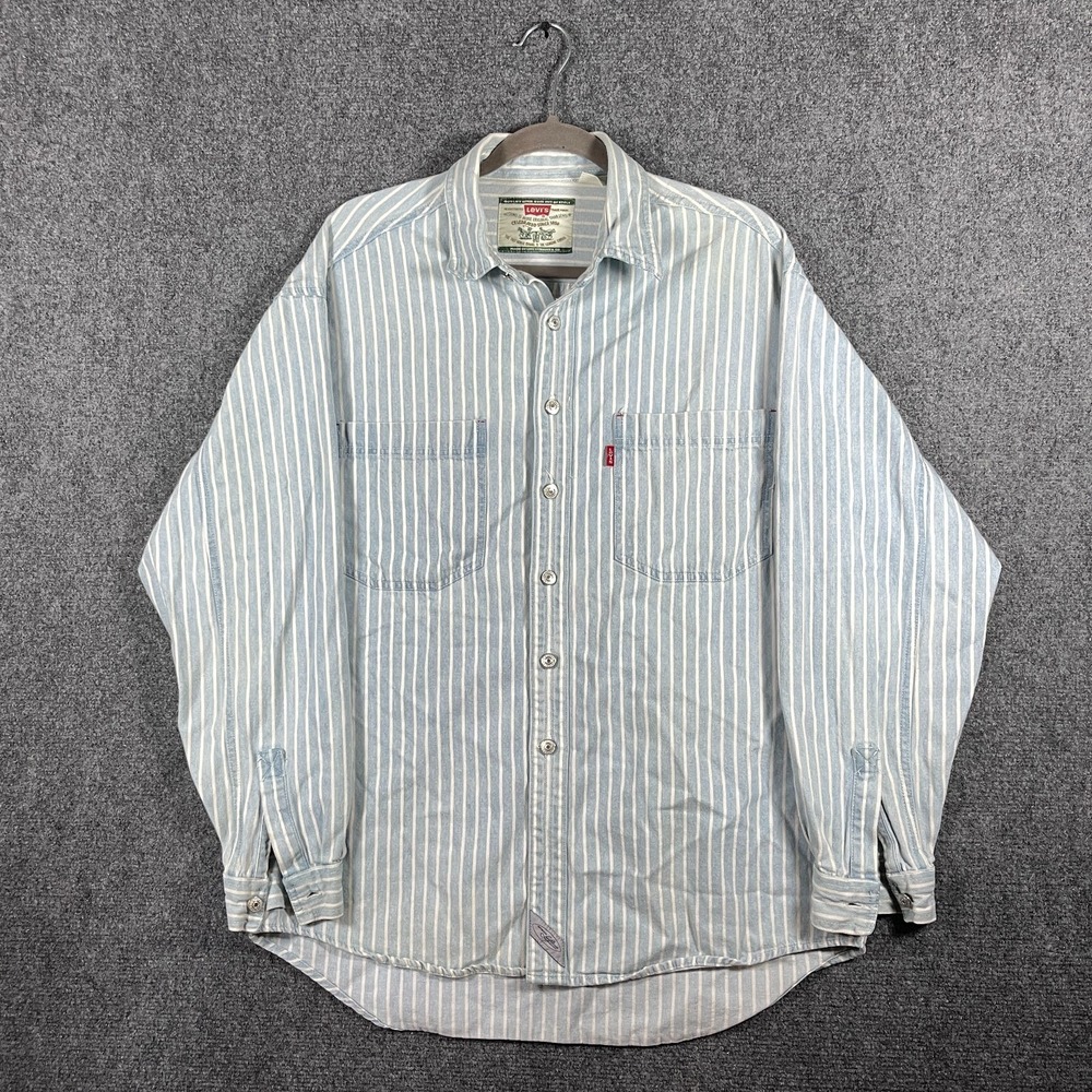 Vintage Levis Button Down Striped Long Sleeve Shirt Light Blue White Size Medium